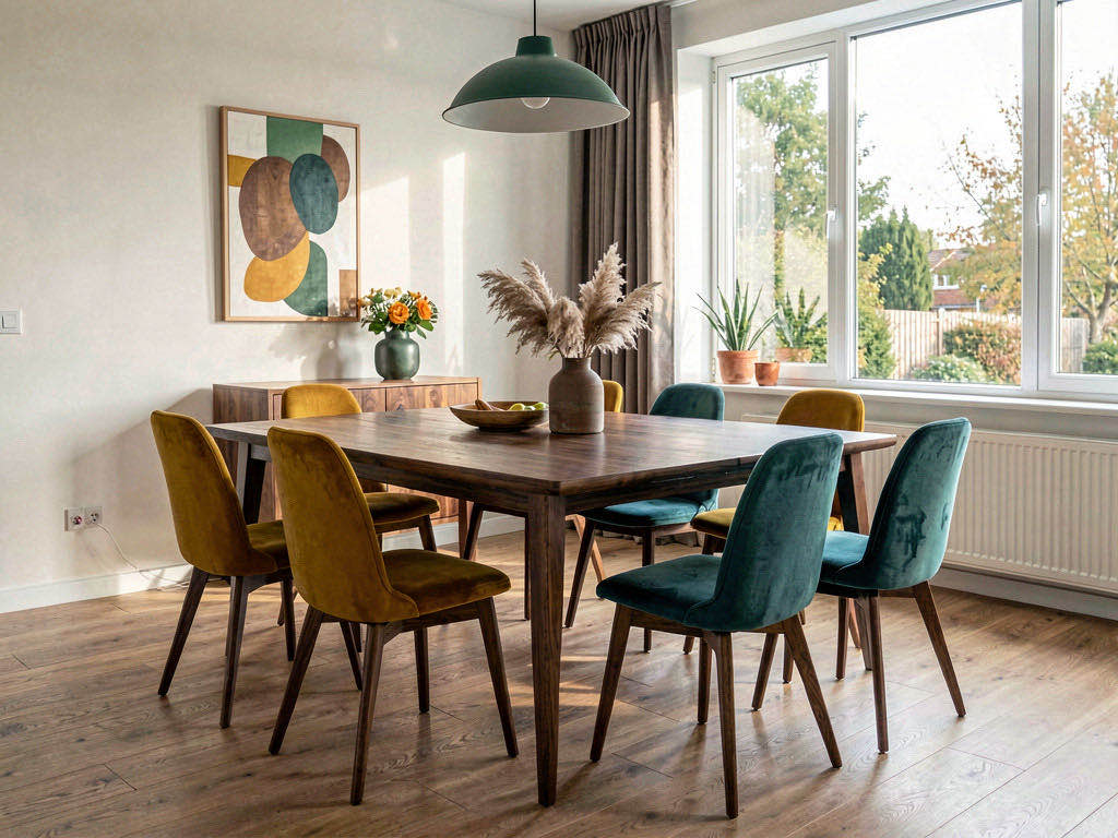 Mid-Century Dining Room with live-edge table