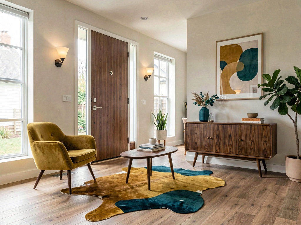 Mid-Century Entryway with floor-to-ceiling windows