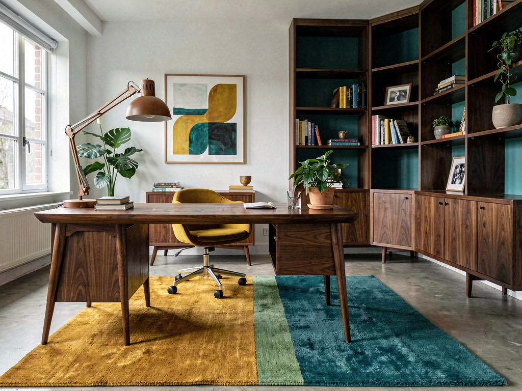 Mid-Century Office with picture-rail gallery wall