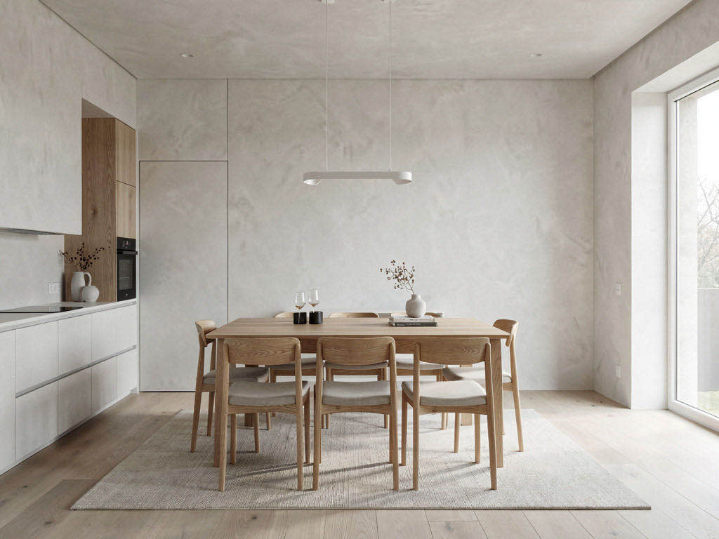 Minimalist Dining Room with sculptural pendant