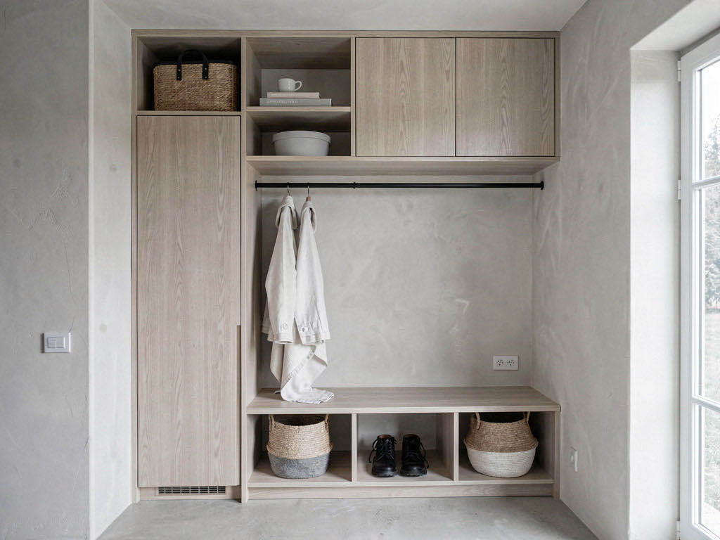Minimalist Entryway with built-in bookwall