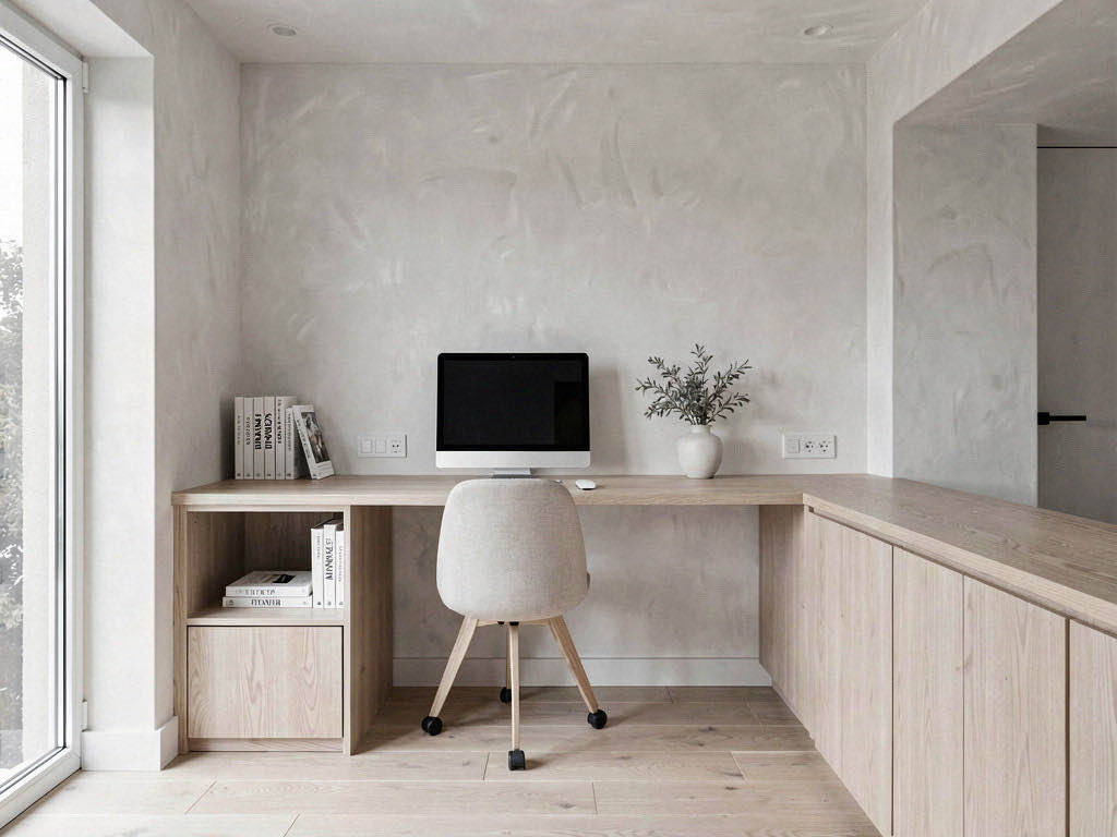 Minimalist Office with wall of built-in shelving