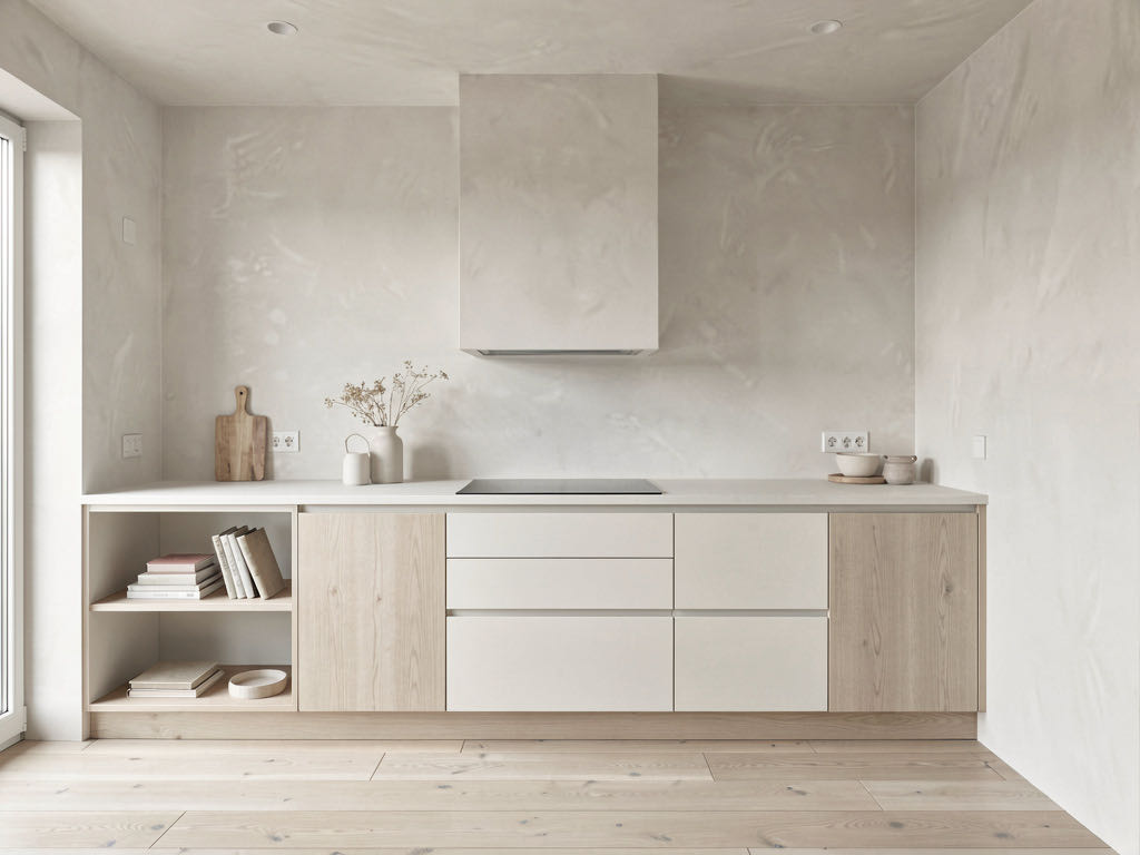 Minimalist Kitchen with glass-front upper cabinets