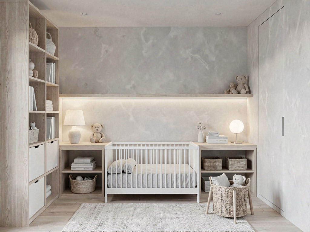 Minimalist Nursery with exposed ceiling beams