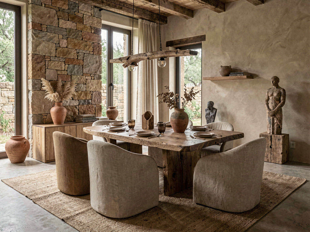 Organic Modern Dining Room with wall of framed prints