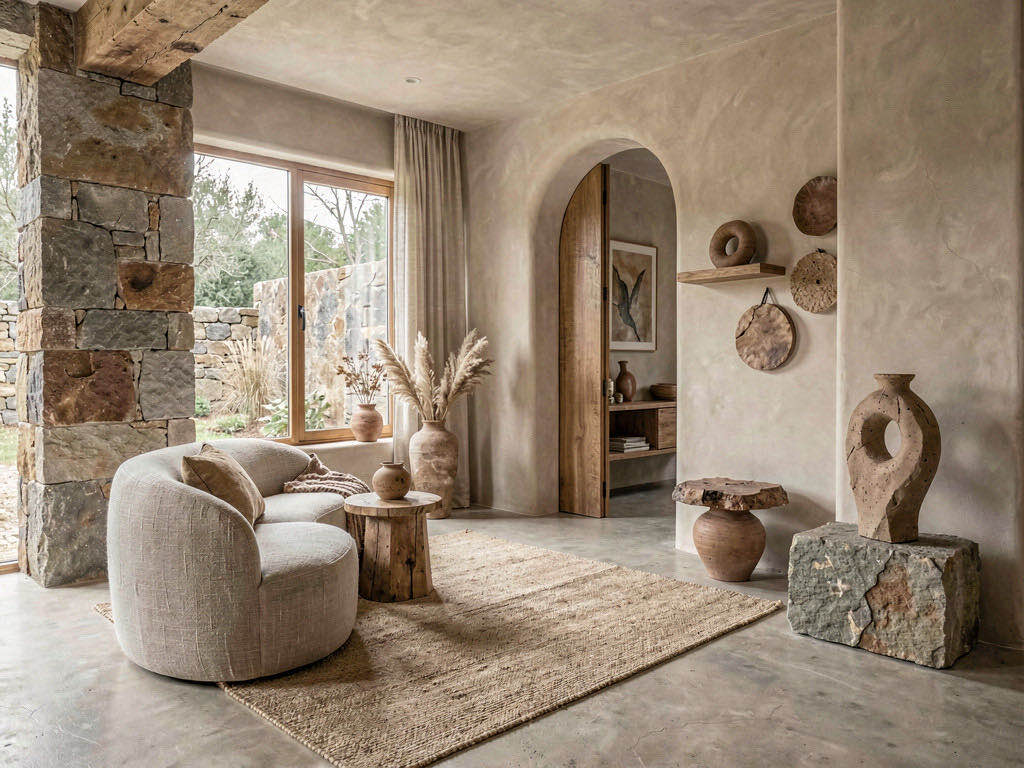 Organic Modern Entryway with exposed ceiling beams