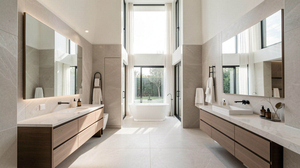 Quiet Luxury bathroom — wide