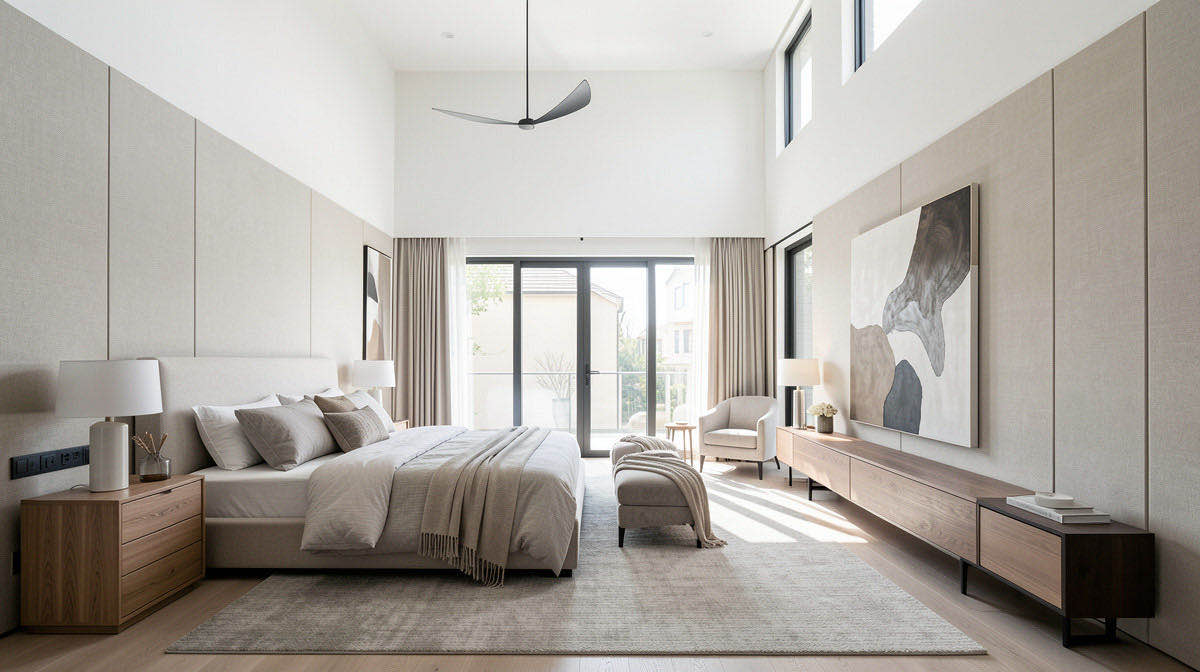 Quiet Luxury bedroom — wide