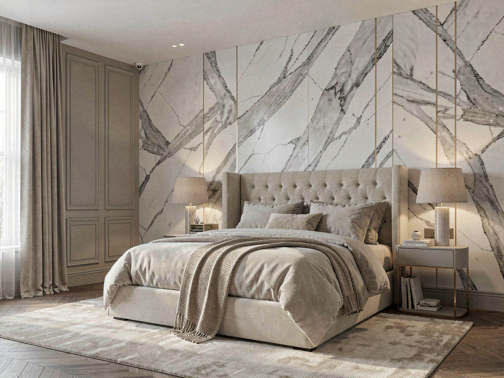 Quiet Luxury Bedroom with panelled headboard wall