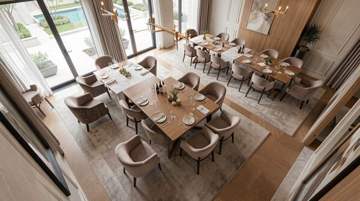 Quiet Luxury dining room — overhead