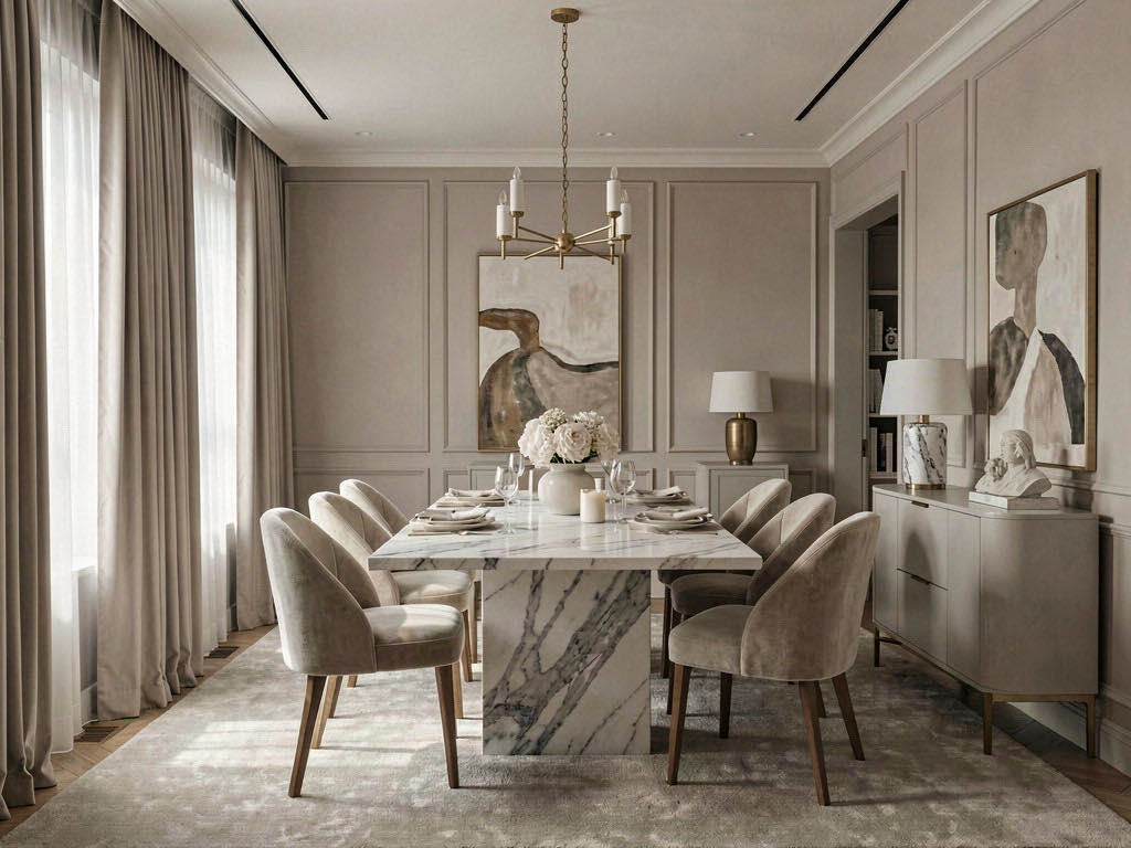 Quiet Luxury Dining Room with plaster arch to the kitchen