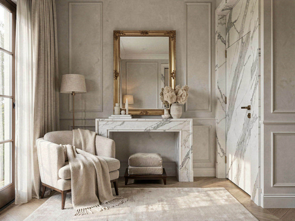 Quiet Luxury Entryway with arched doorway