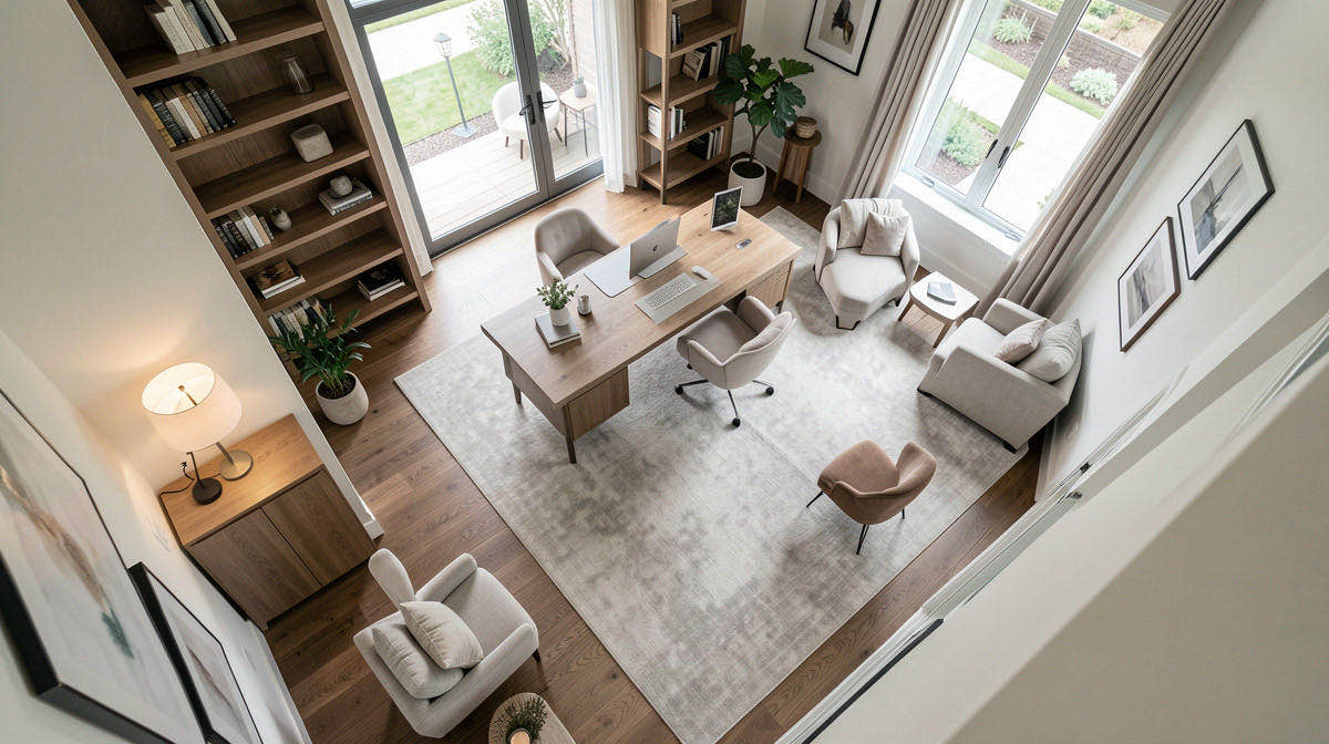 Quiet Luxury home office — overhead