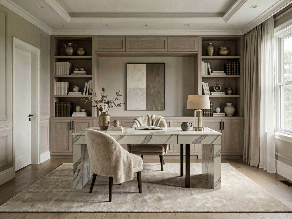 Quiet Luxury Office with picture-rail gallery wall