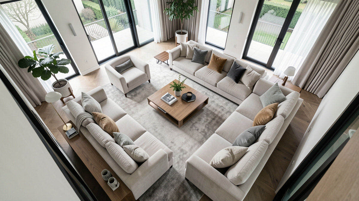 Quiet Luxury living room — overhead