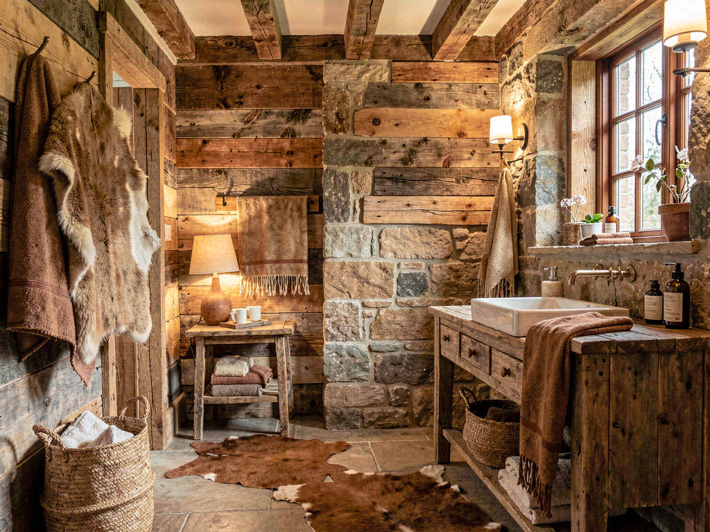 Rustic Bathroom with floor-to-ceiling tile