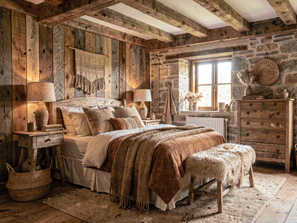 Rustic Bedroom with layered linen bedding