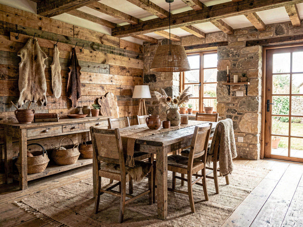 Rustic Dining Room with live-edge table