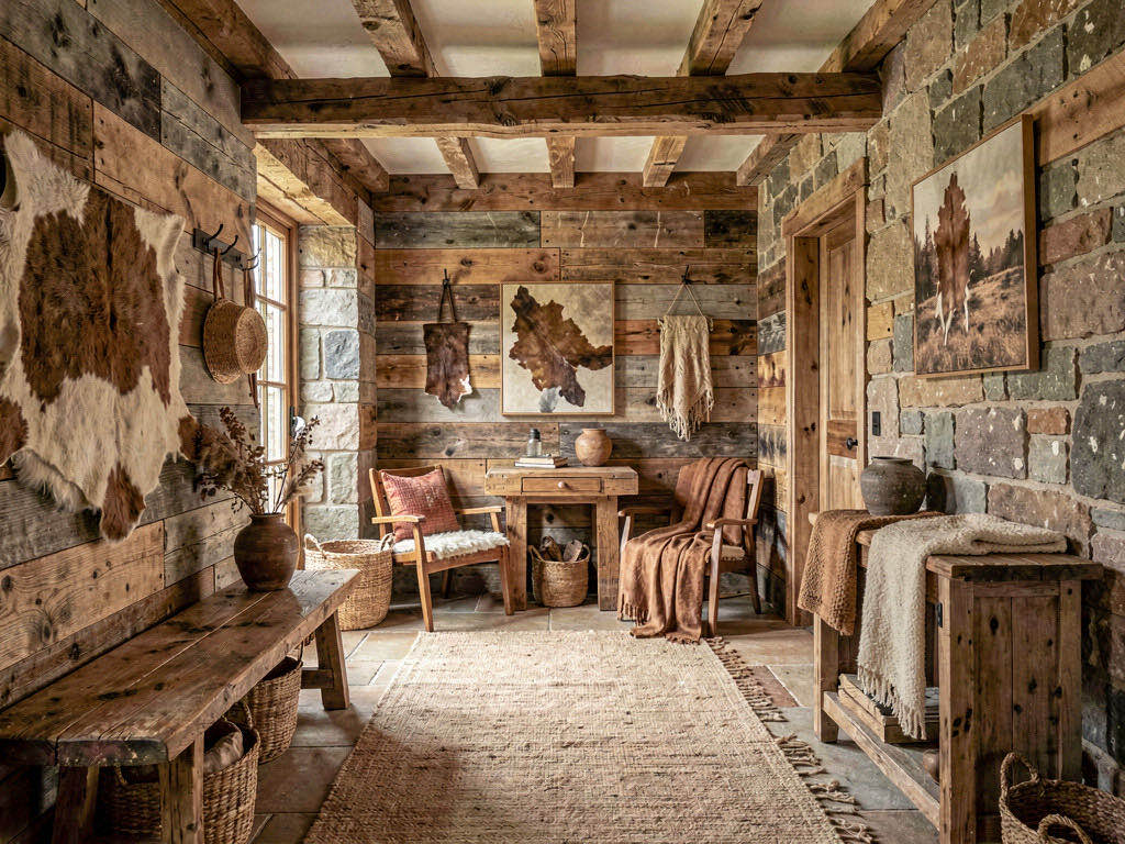 Rustic Entryway with full-height stone fireplace