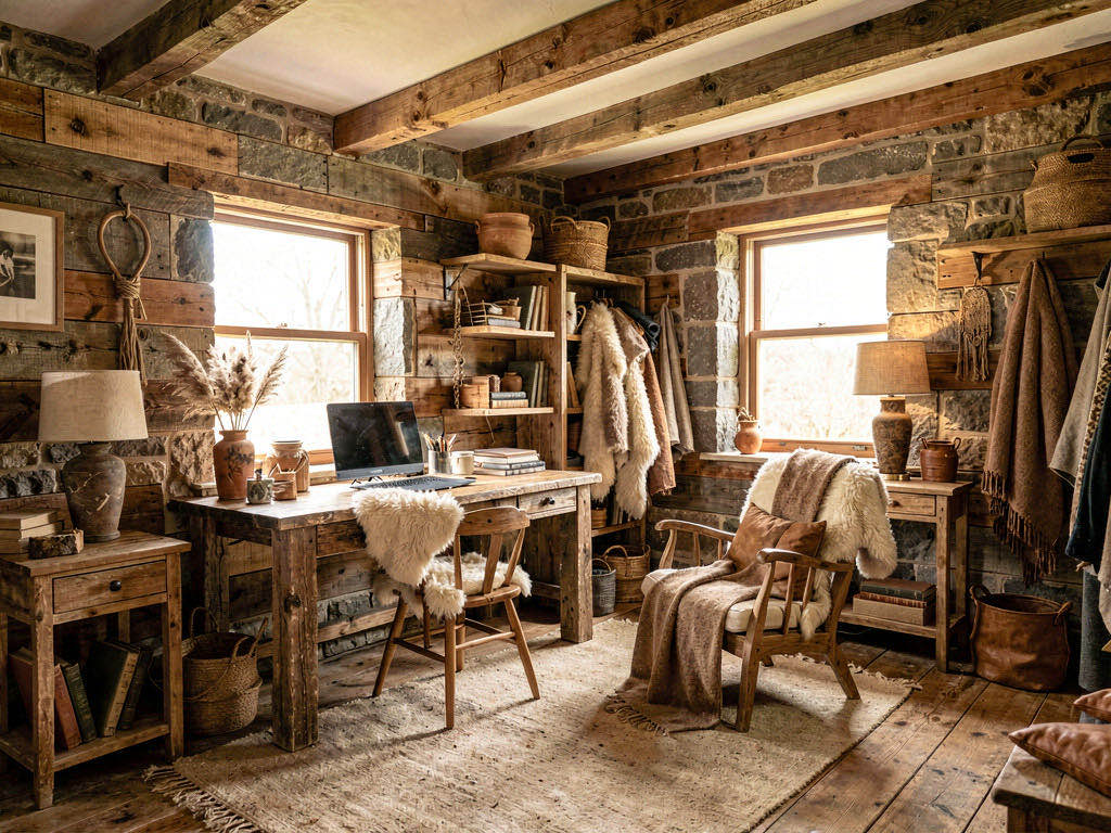 Rustic Office with wall of built-in shelving