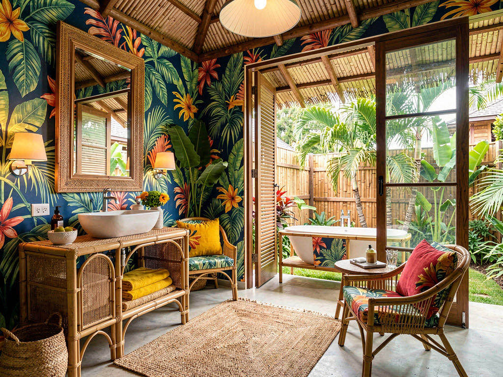 Tropical Bathroom with wet room with a walk-in shower