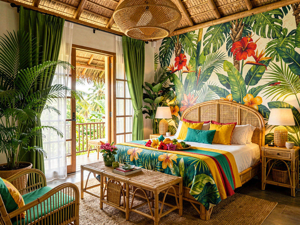Tropical Bedroom with vaulted ceiling