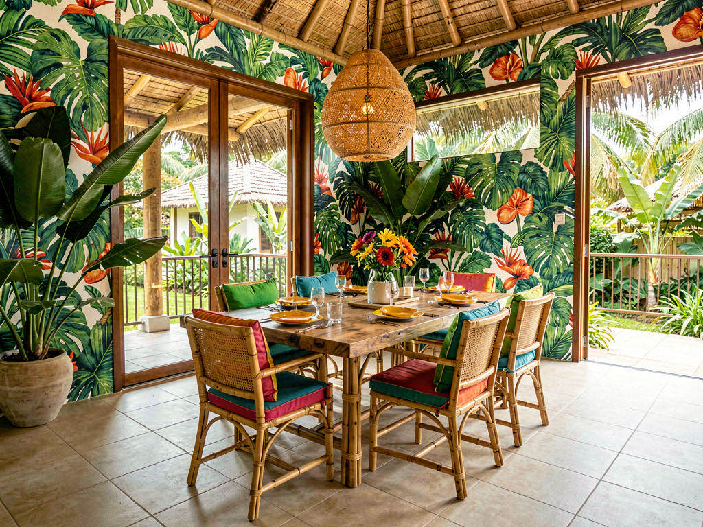 Tropical Dining Room with sculptural pendant