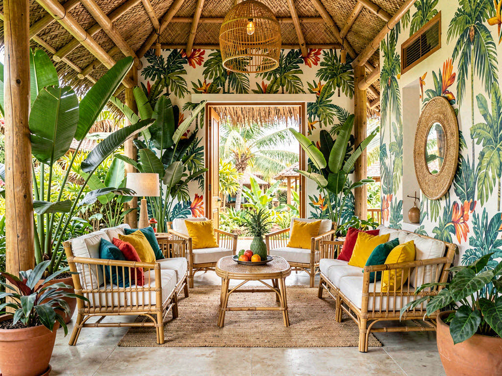 Tropical Entryway with built-in bookwall