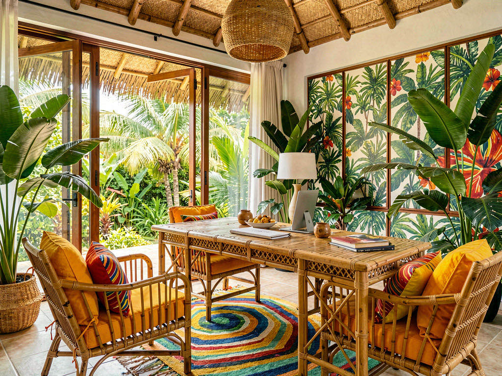 Tropical Office with picture-rail gallery wall