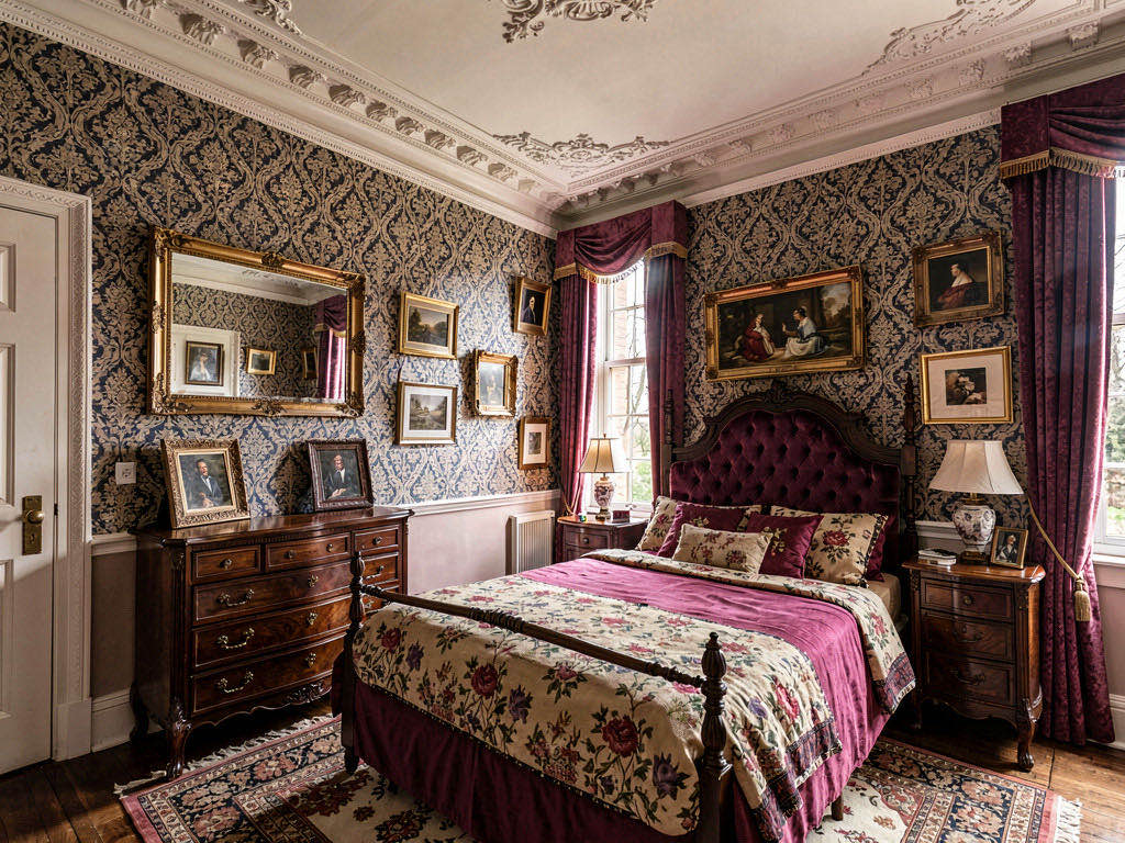 Victorian Bedroom with sheer floor-length curtains