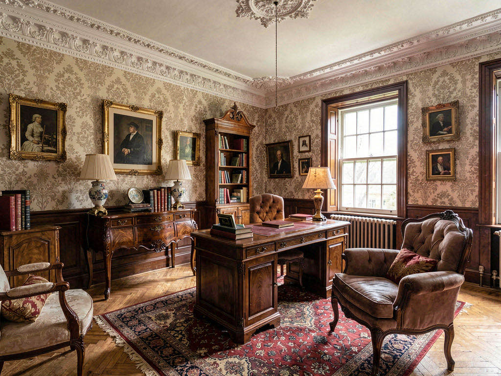 Victorian Office with wall of built-in shelving