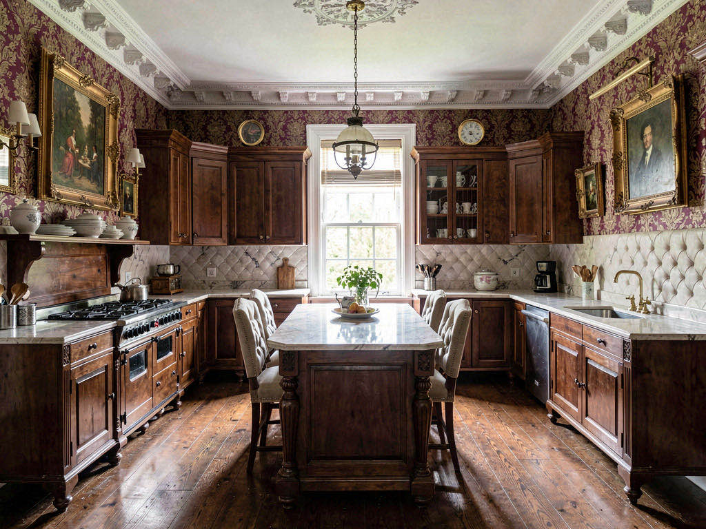 Victorian Kitchen with waterfall island