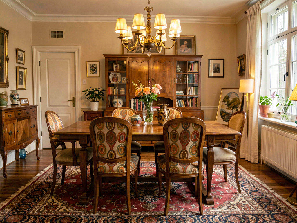 Vintage Dining Room with wall of framed prints