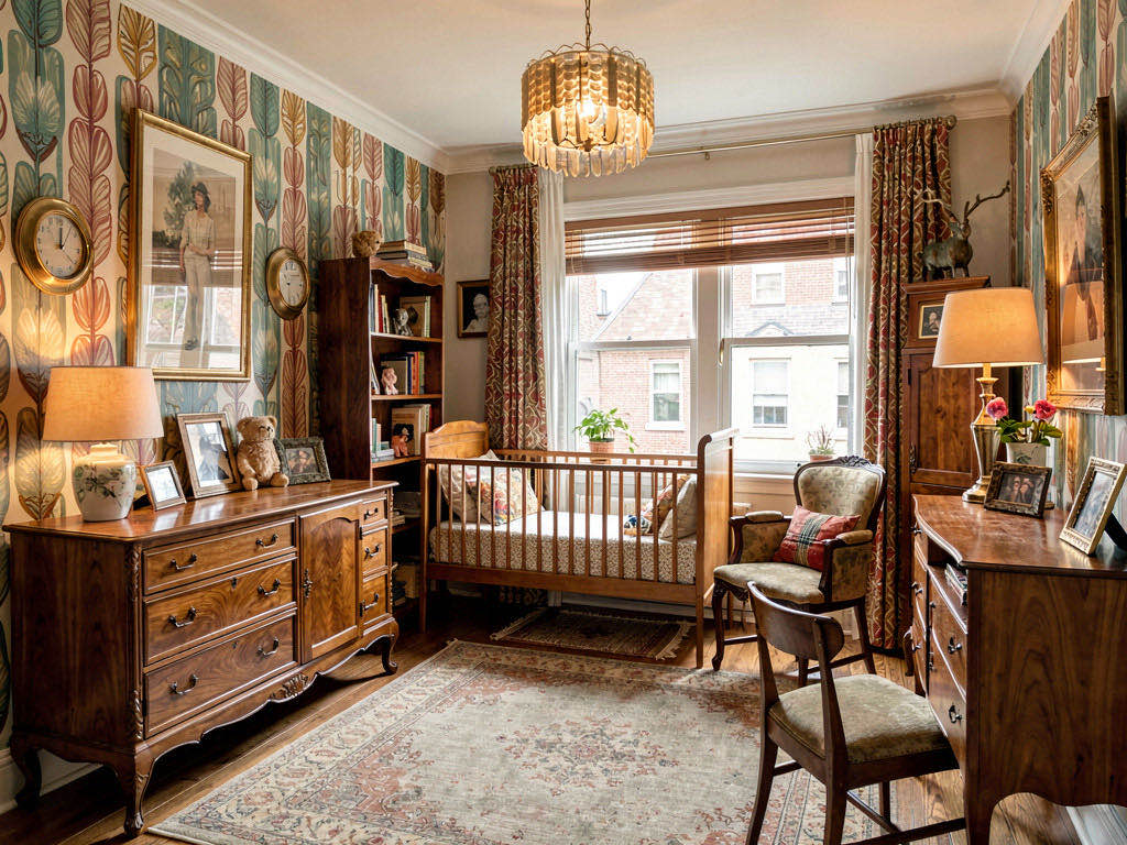 Vintage Nursery with full-height stone fireplace