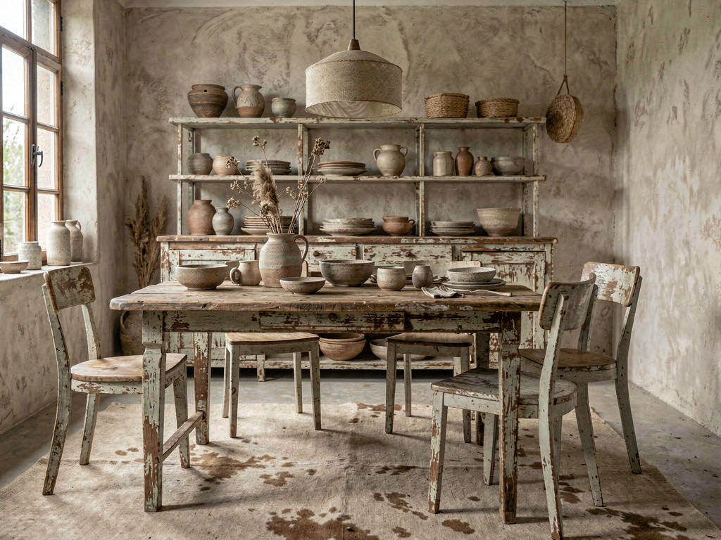 Wabi-Sabi Dining Room with plaster arch to the kitchen