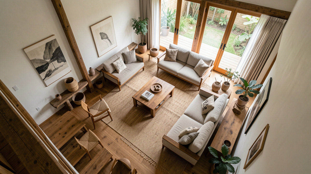 Wabi-Sabi living room — overhead