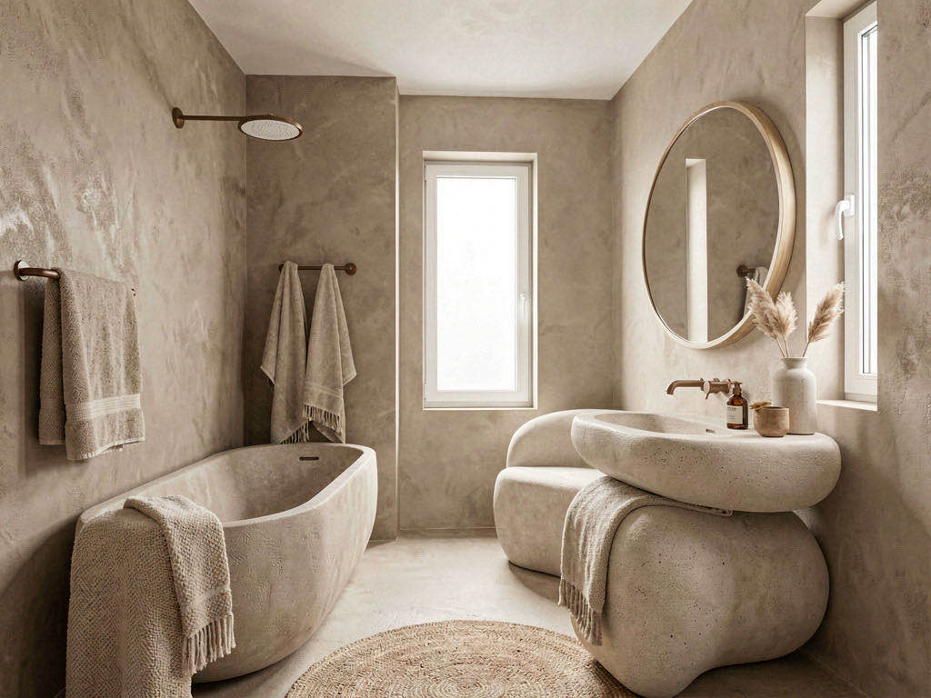 Warm Minimalism Bathroom with freestanding tub