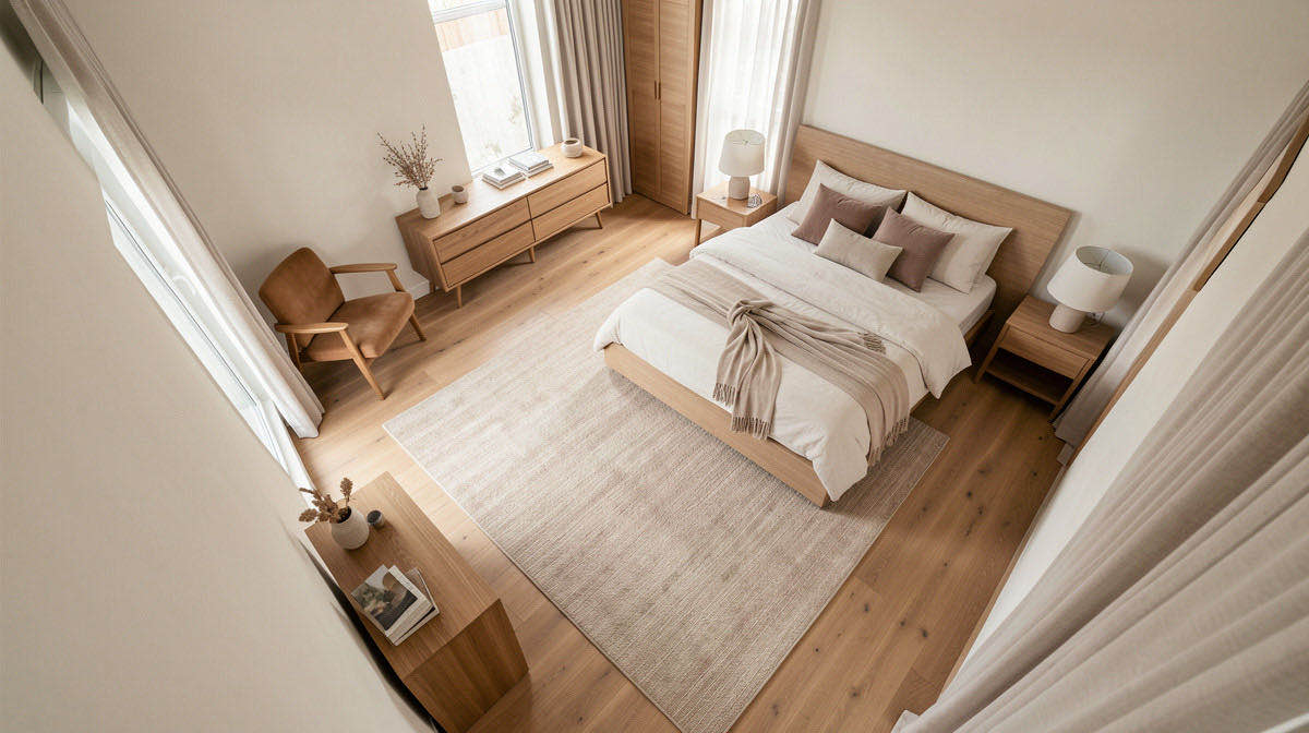Warm Minimalism bedroom — overhead