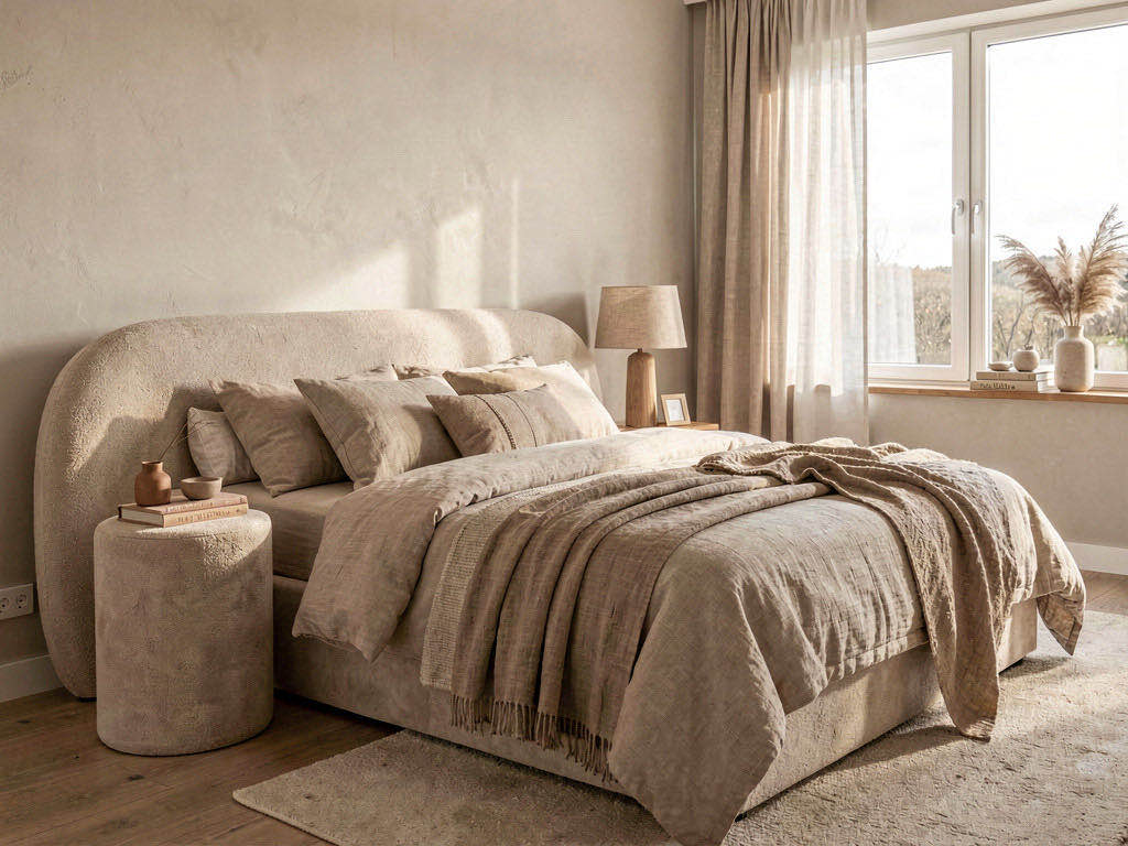 Warm Minimalism Bedroom with bay window seat