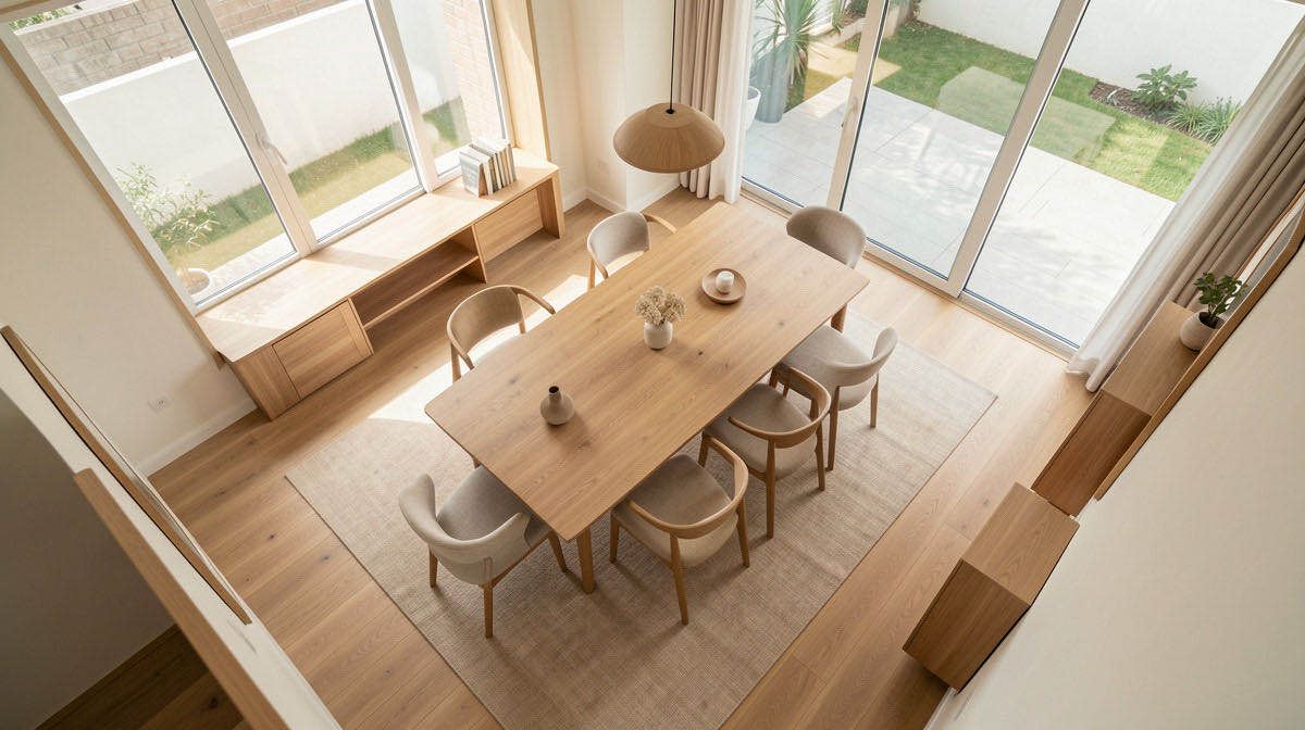 Warm Minimalism dining room — overhead