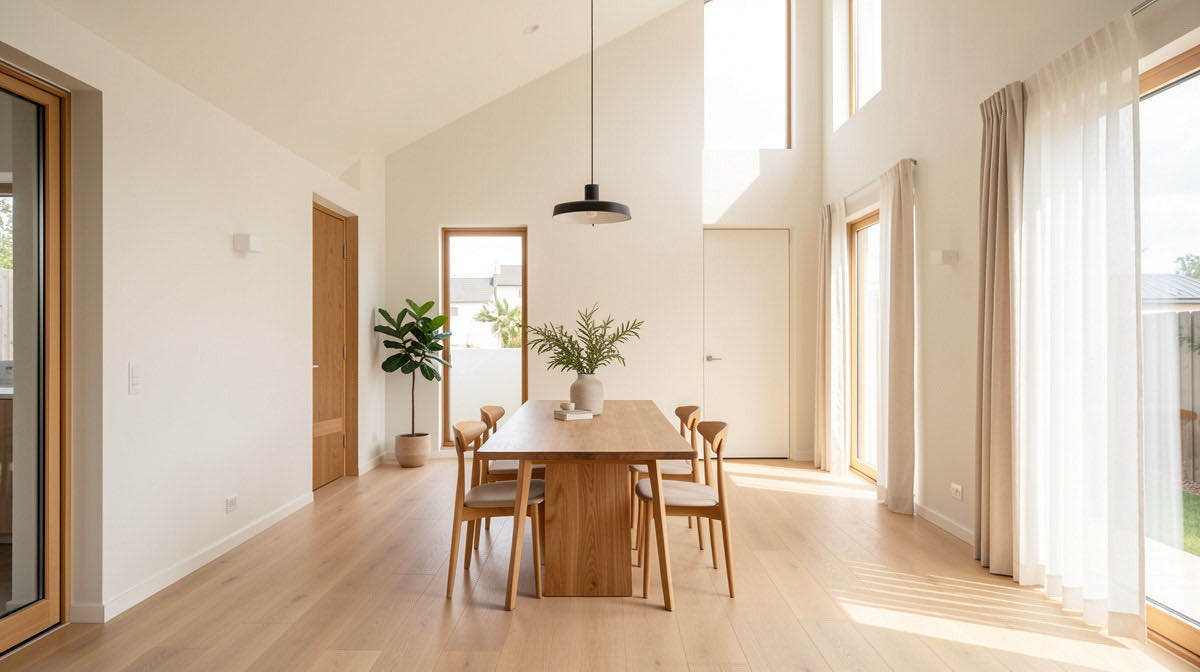 Warm Minimalism dining room — wide