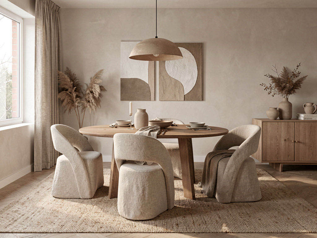 Warm Minimalism Dining Room with live-edge table