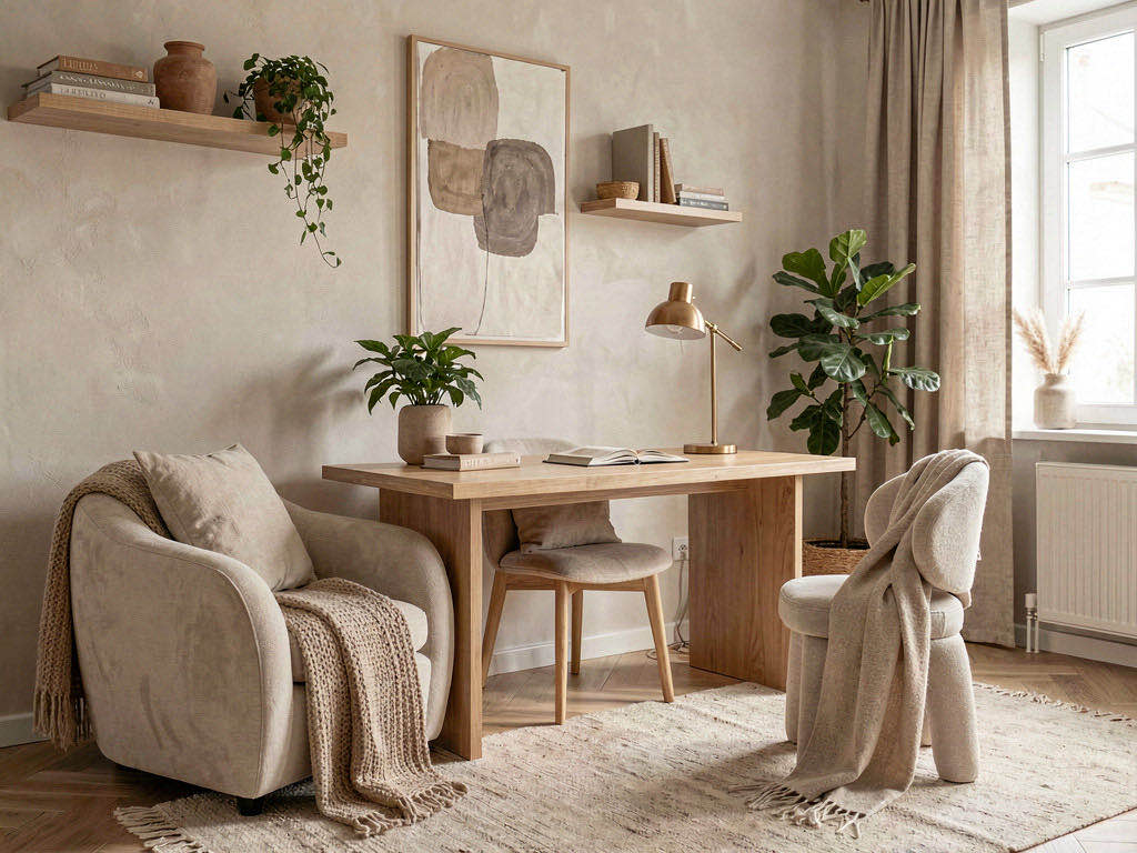 Warm Minimalism Office with wall of built-in shelving