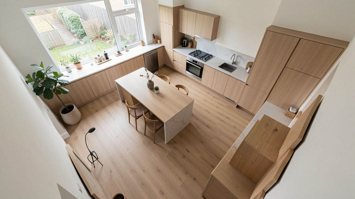 Warm Minimalism kitchen — overhead