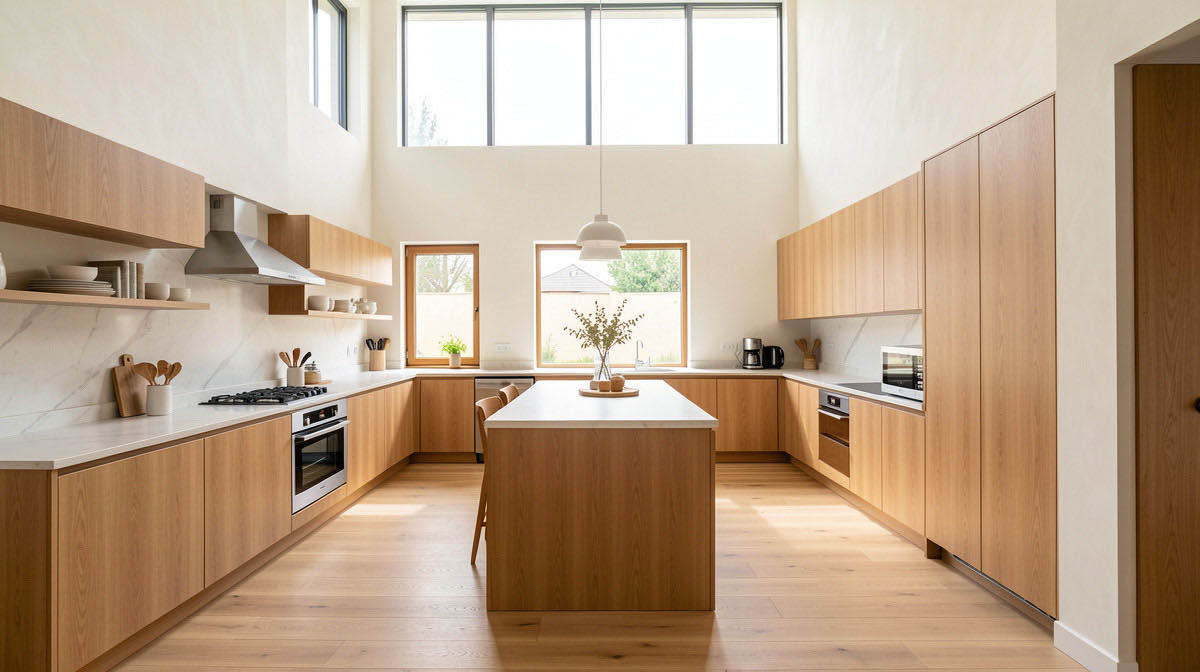 Warm Minimalism kitchen — wide