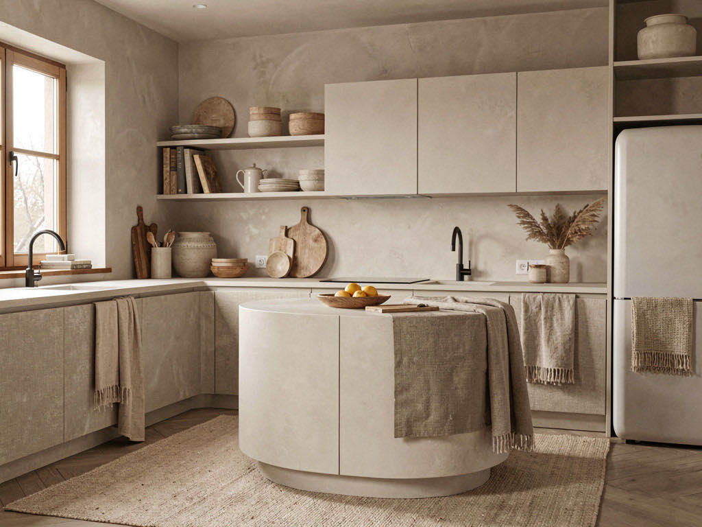Warm Minimalism Kitchen with plaster range hood
