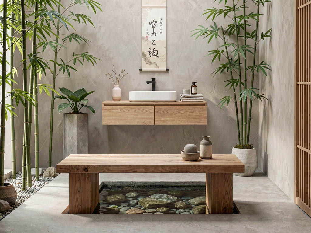 Zen Bathroom with wet room with a walk-in shower