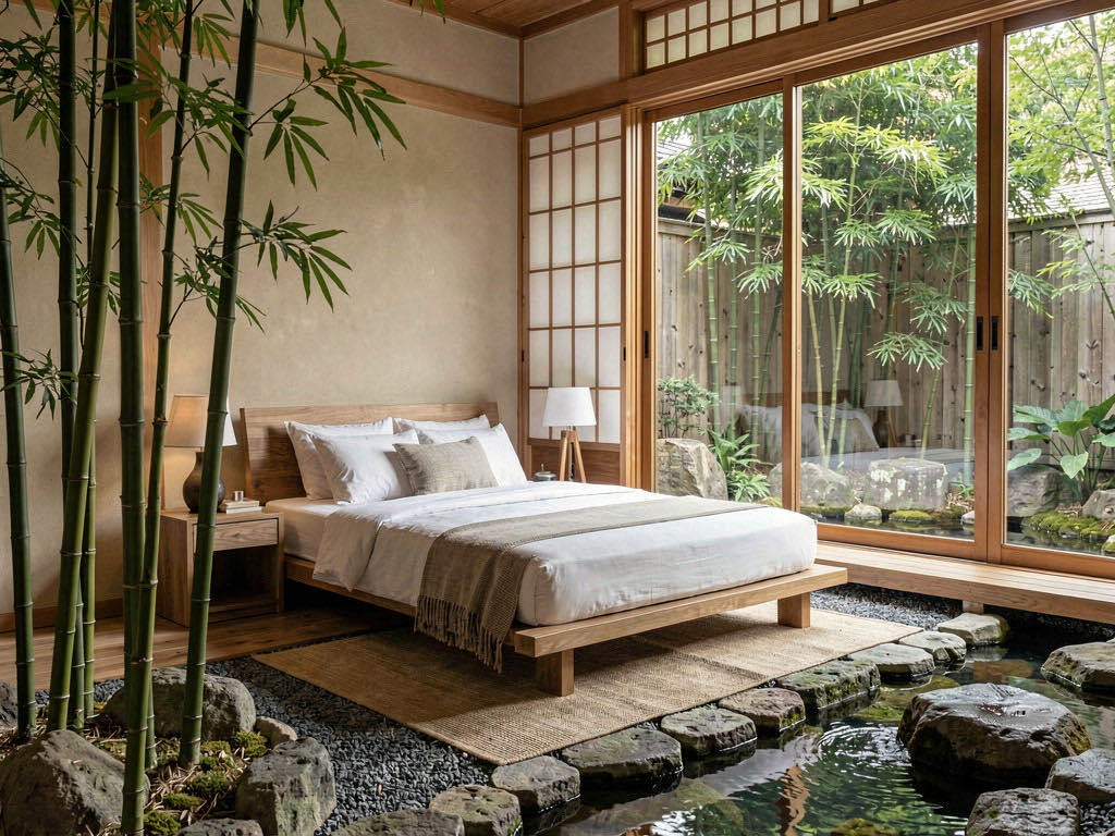 Zen Bedroom with floating nightstand