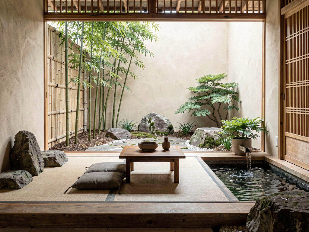 Zen Entryway with low-slung sectional