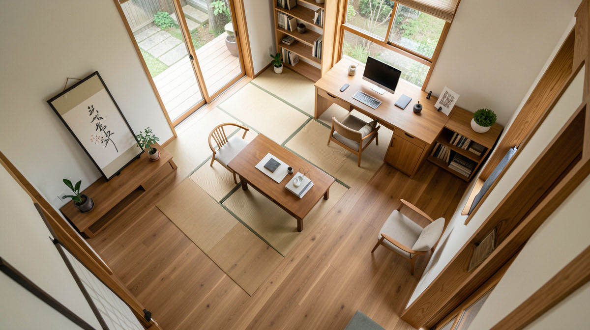 Zen home office — overhead
